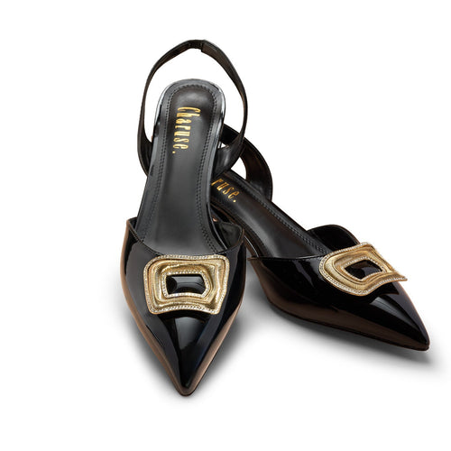 Front view of Charuse luxury women's black patent pointed-toe slingback shoes featuring a sculpted 2-inch kitten heel and decorative metallic embellishment.