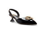 Side view of Charuse luxury women's black patent pointed-toe slingback shoes featuring a sculpted 2-inch kitten heel and decorative metallic embellishment.