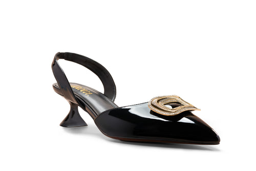 Side view of Charuse luxury women's black patent pointed-toe slingback shoes featuring a sculpted 2-inch kitten heel and decorative metallic embellishment.