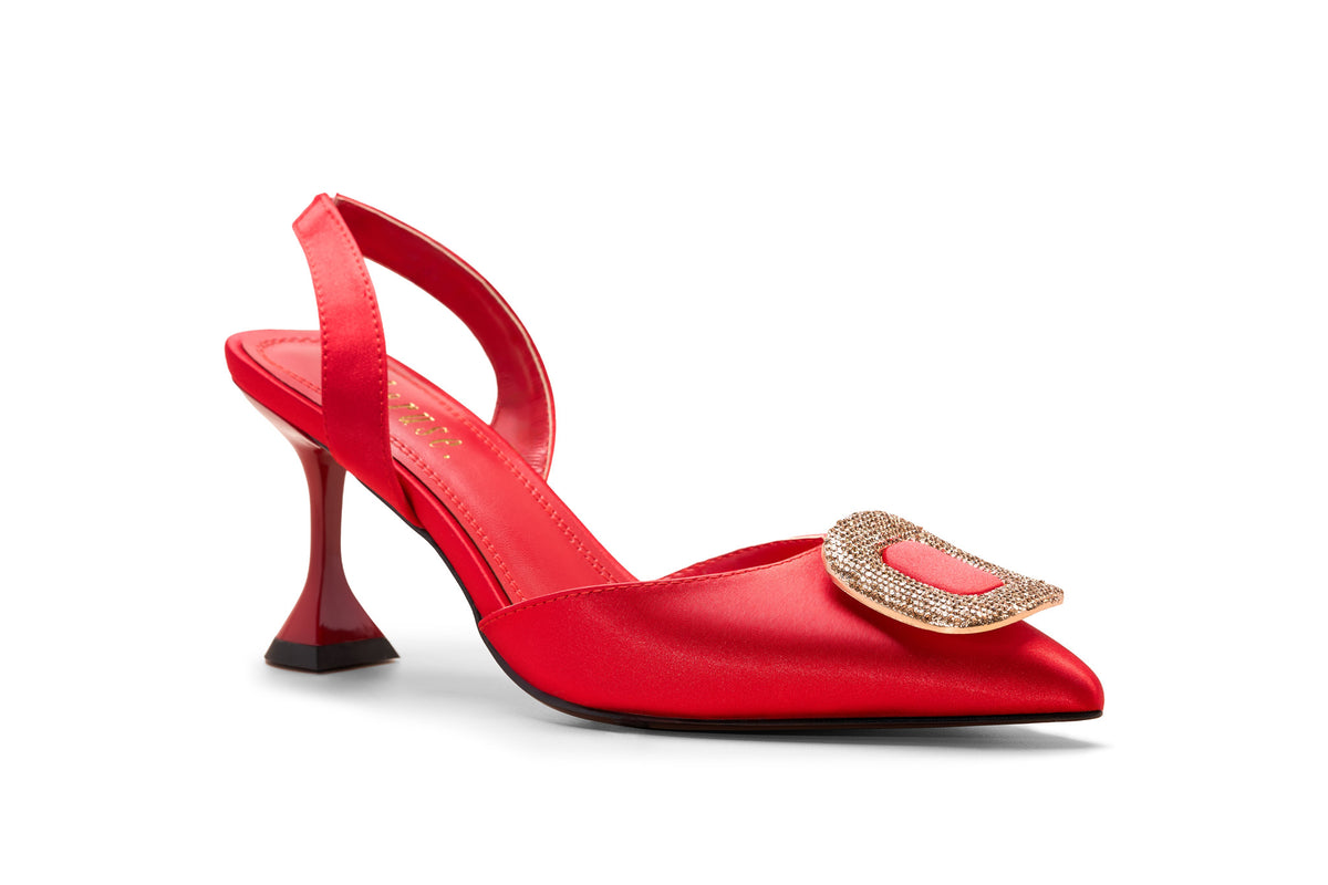 Charuse Luxury red 3-inch slingback heel with crystal buckle detail in extended women's sizes US 10–13 (EU 42–46).