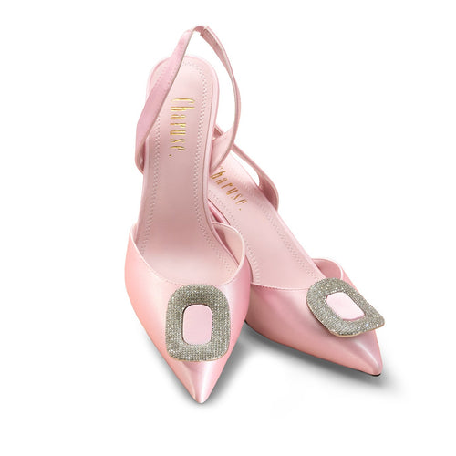 Front view of Charuse Luxury pink 3-inch slingback heel with crystal buckle detail in extended women's sizes US 10–13 (EU 42–46).