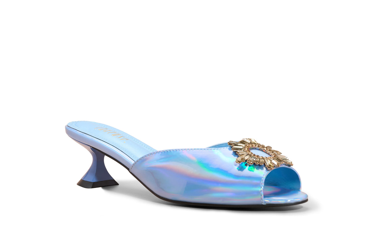 Charuse Luxury blue 3-inch mule heel with crystal embellishment in extended women's sizes US 10–13 (EU 42–46).
