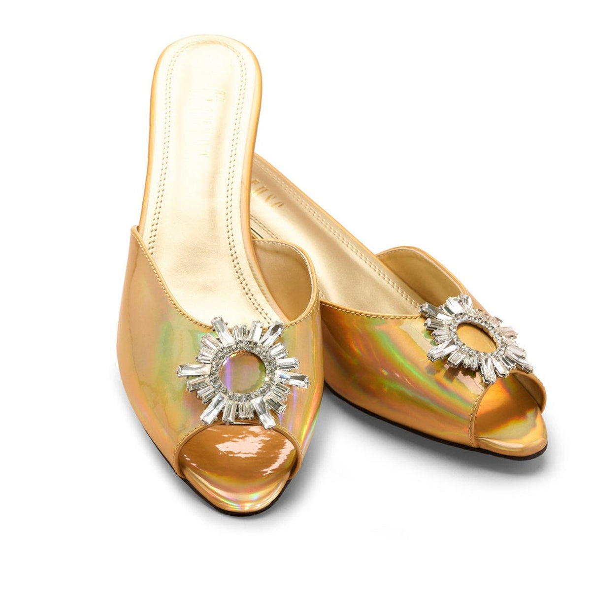 Front view of Charuse Luxury gold 3-inch mule heel with crystal embellishment in extended women's sizes US 10–13 (EU 42–46).