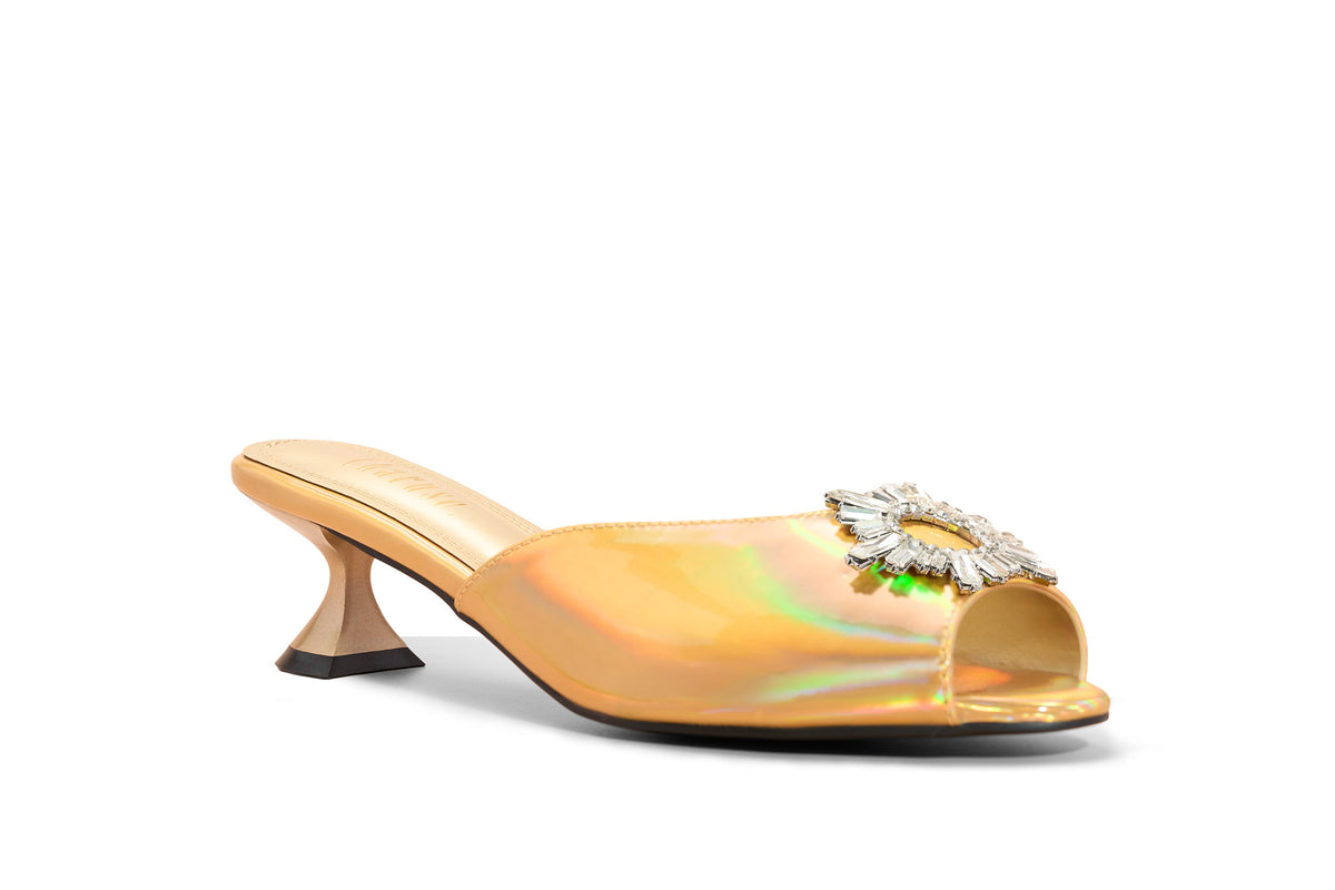 Charuse Luxury gold 3-inch mule heel with crystal embellishment in extended women's sizes US 10–13 (EU 42–46).