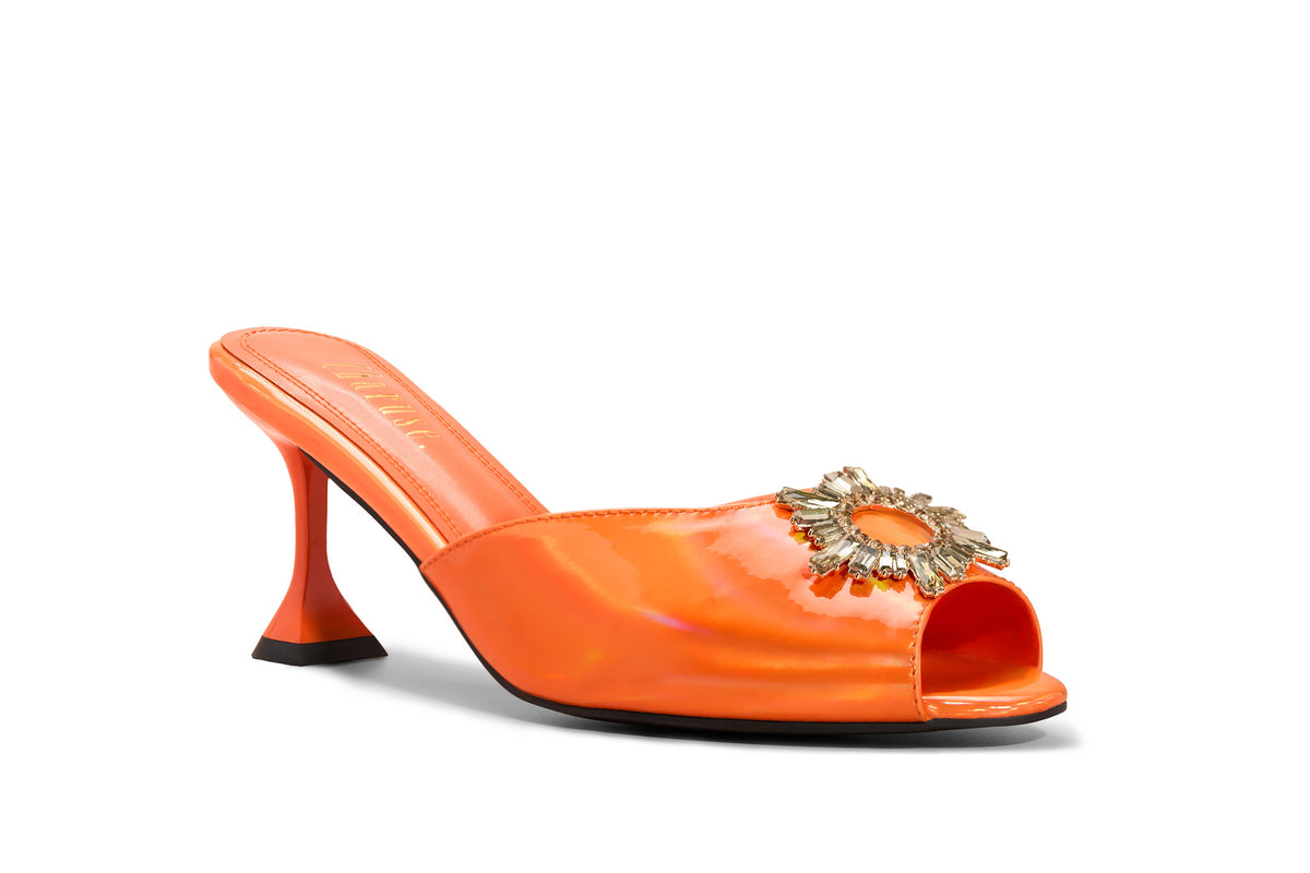 Charuse Luxury orange 3-inch mule heel with crystal embellishment in extended women's sizes US 10–13 (EU 42–46).