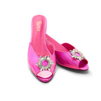 Front view of Charuse Luxury pink 3-inch mule heel with iridescent crystal embellishment in extended women's sizes US 10–13 (EU 42–46).