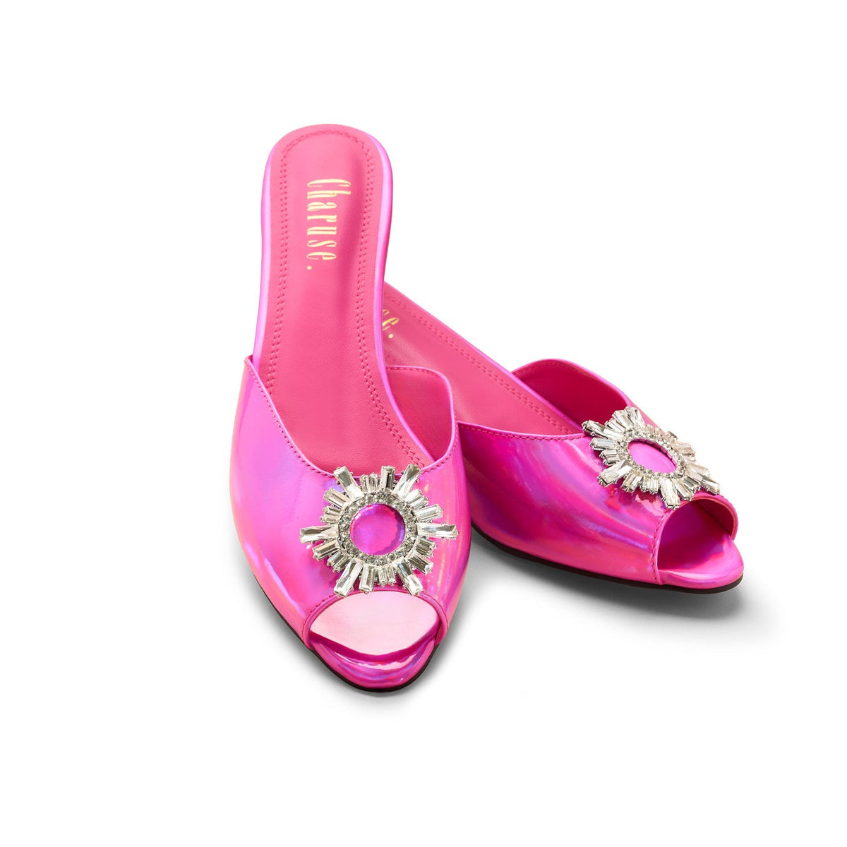 Front view of Charuse Luxury pink 3-inch mule heel with iridescent crystal embellishment in extended women's sizes US 10–13 (EU 42–46).