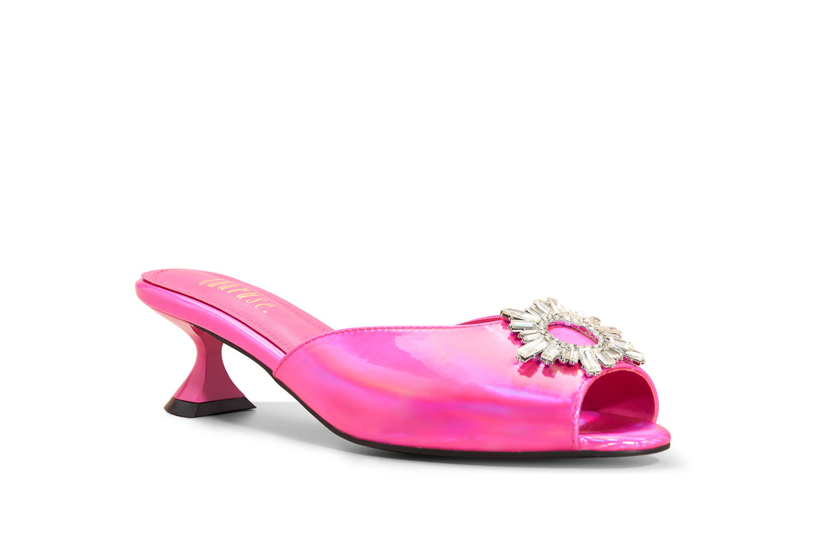 Charuse Luxury pink 3-inch mule heel with iridescent crystal embellishment in extended women's sizes US 10–13 (EU 42–46).