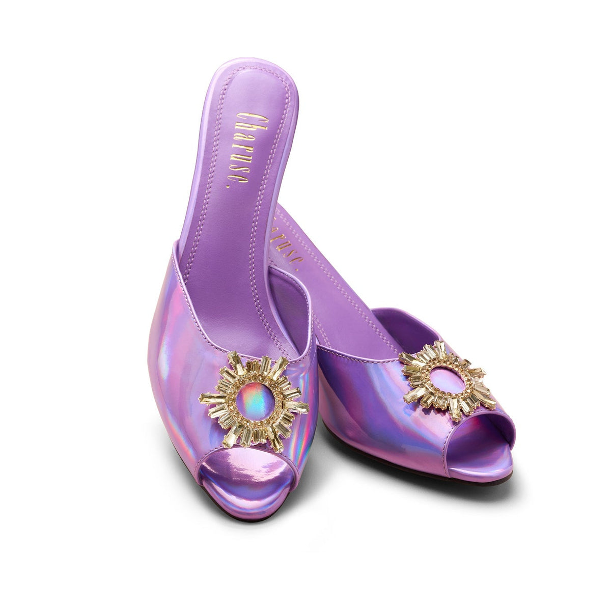 Front view of Charuse Luxury purple 3-inch mule heel with crystal embellishment in extended women's sizes US 10–13 (EU 42–46).