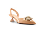 Side view of Charuse luxury women's tan pointed-toe slingback shoes featuring a sculpted 2-inch kitten heel and decorative metallic embellishment.