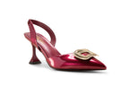 Side view of Charuse luxury women's crimson wine pointed-toe slingback shoes featuring a sculpted 3-inch heel, glossy finish and decorative metallic embellishment.